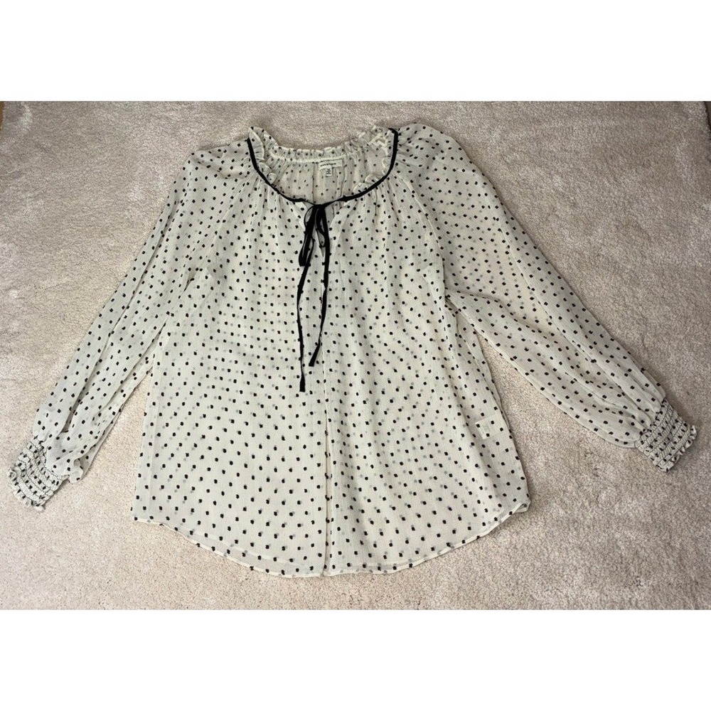 Max Studio Cream Polka Dot Blouse - M- Tie Neck Smocked Cuff Boho Romantic